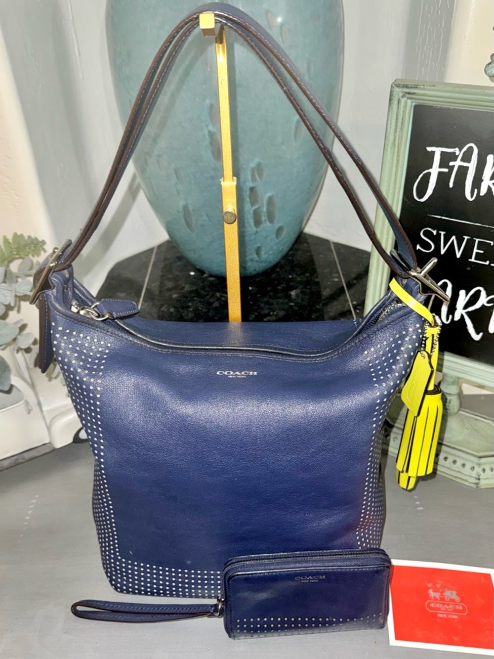 COACH Legacy 2012 Perforated
Leather Duffle Navy / Citrine #22762 & Wallet - GUC